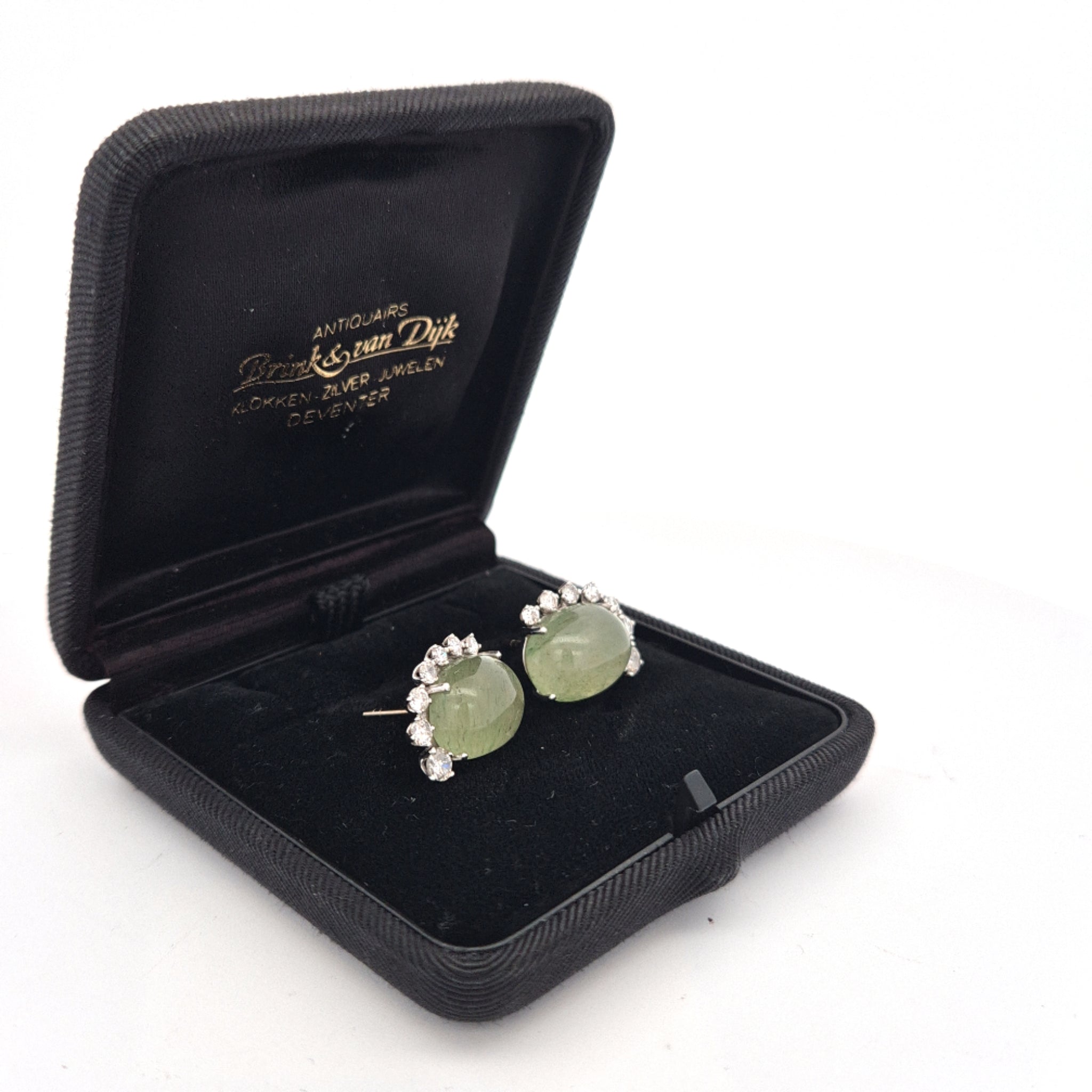 Vintage 14k witgouden oorstekers met Aventurijn Kwarts en diamanten