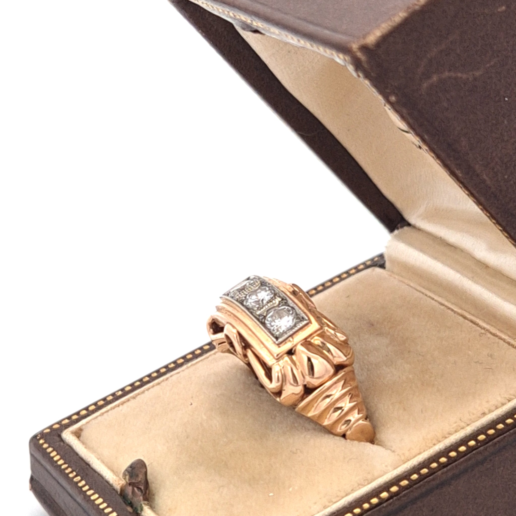 Retro jaren 30 14k geel gouden ring met diamanten