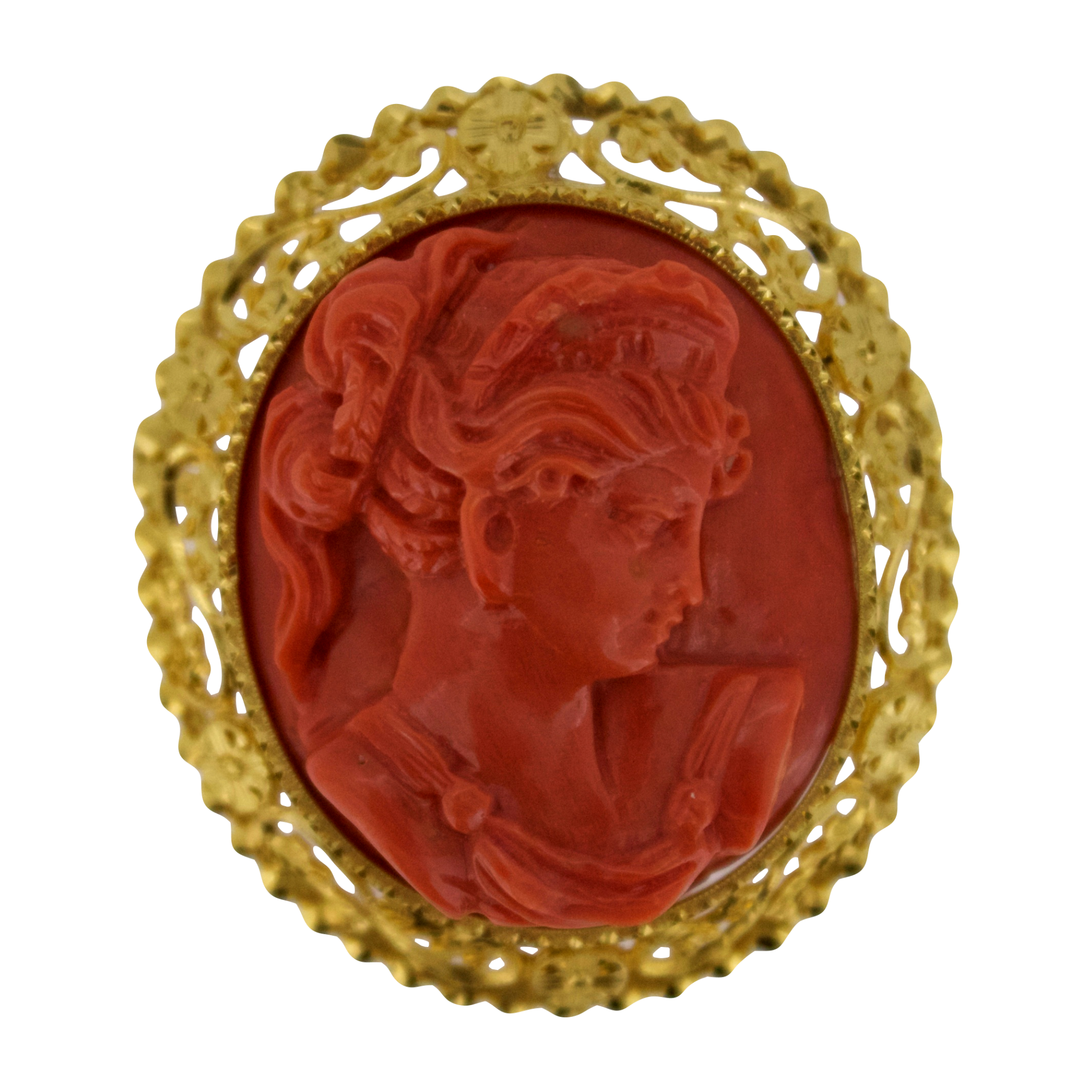 Gold Red Coral Cameo Brooch