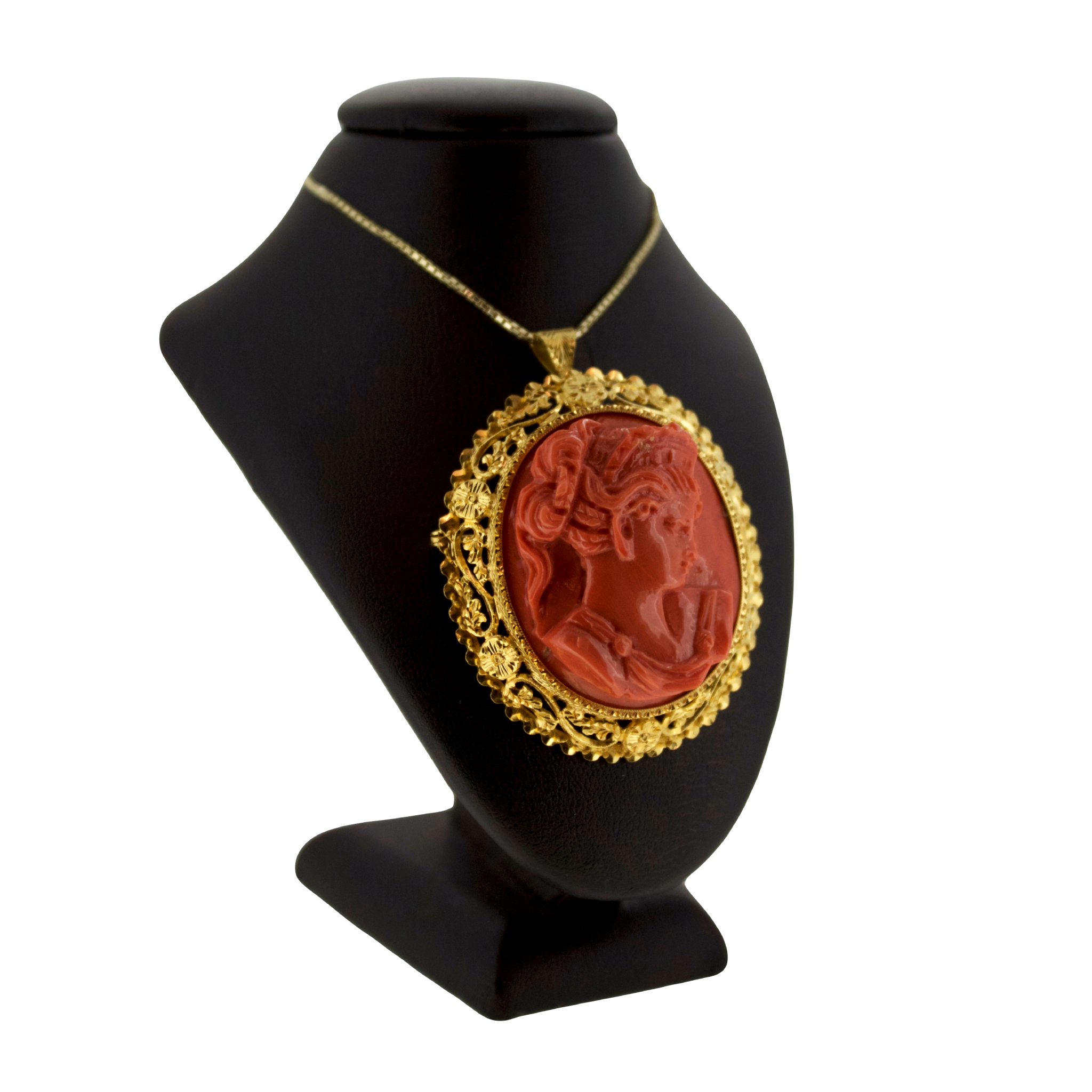 Gold Red Coral Cameo Brooch