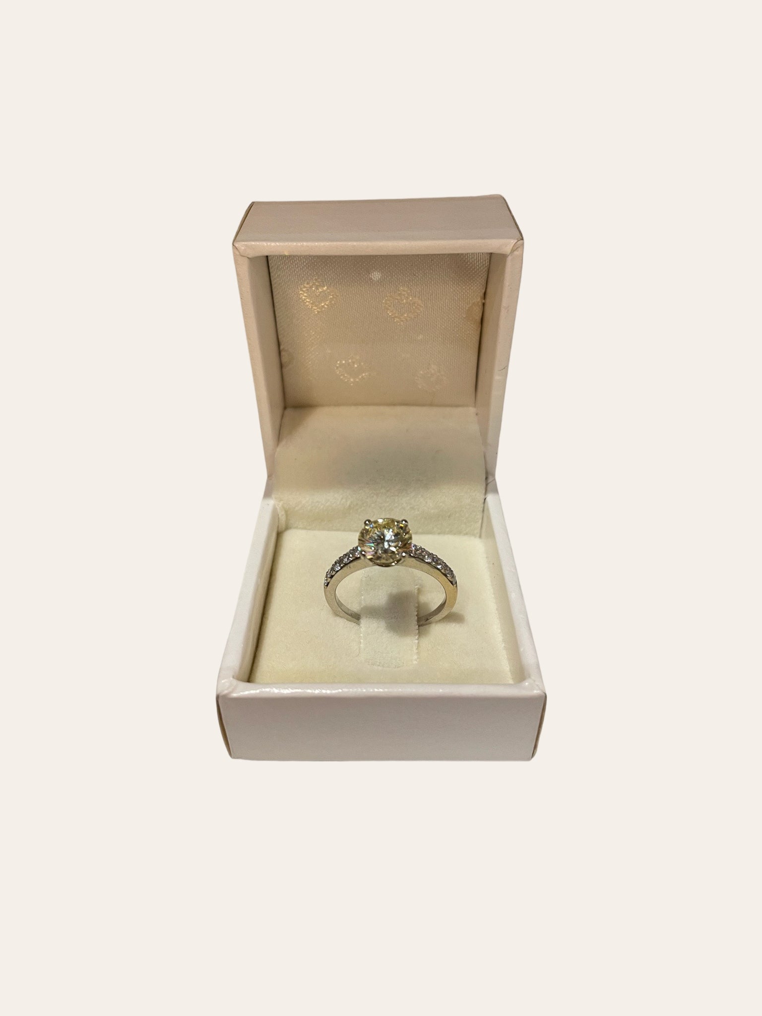 14K White gold solitaire with half alliance ring set with 2.1 ct brilliant cut diamond